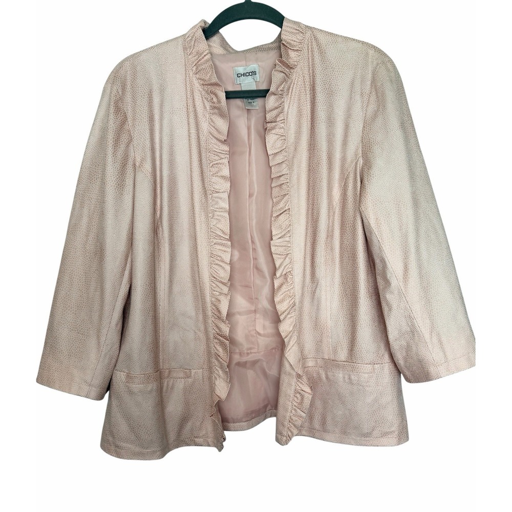 Chicos Size 2 Pale Pink Snake Print Ruffle Trim Lined Blazer Open Front Jacket